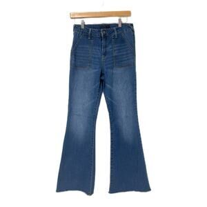 Sincerely Jules High Rise Flare Women 7/28 Raw Hem Retro Patch Pockets Stretch